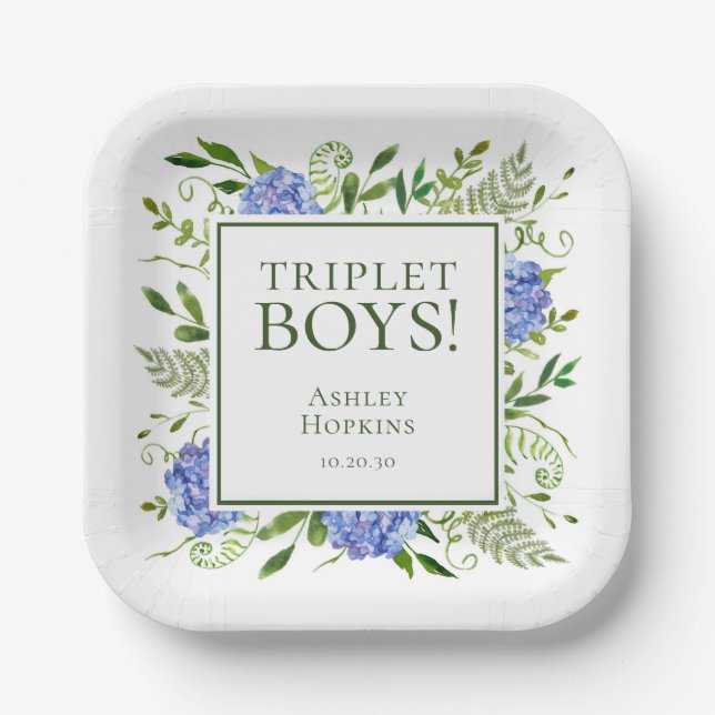 Triplet Boys Blue Hydrangeas Baby Shower Paper Plate (Front)