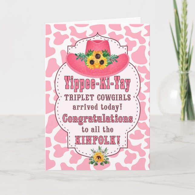 Triplet Cowgirls New Baby Pink Western Congrats Card (Front)