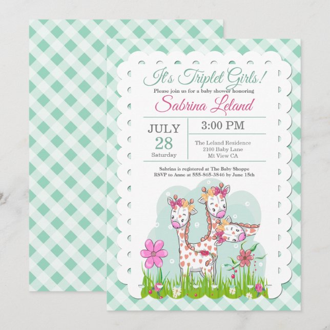 Triplet Girls Adorable Giraffes Baby Shower Invitation (Front/Back)