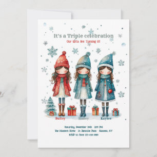 Triplet Girls Christmas Birthday Party Invitation