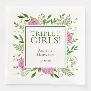 Triplet Girls Pink Hydrangeas Girl Baby Shower Napkin