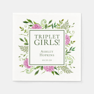 Triplet Girls Pink Hydrangeas Girl Baby Shower Napkin