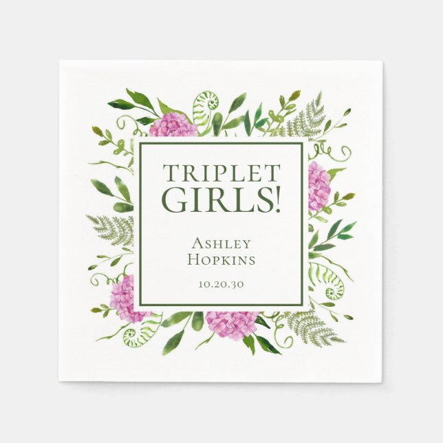 Triplet Girls Pink Hydrangeas Girl Baby Shower Napkin (Front)