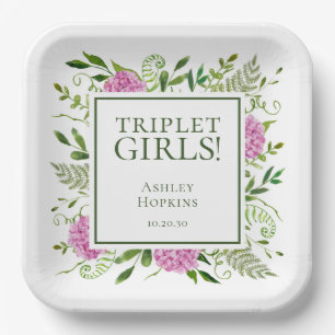 Triplet Girls Pink Hydrangeas Girl Baby Shower Paper Plate