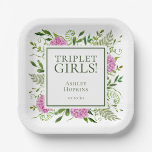 Triplet Girls Pink Hydrangeas Girl Baby Shower Paper Plate