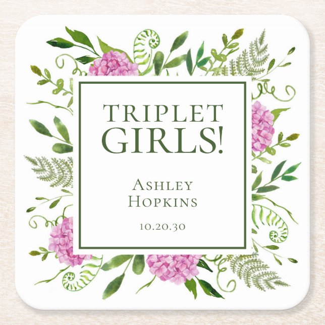 Triplet Girls Pink Hydrangeas Girl Baby Shower Square Paper Coaster (Front)