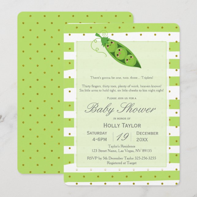 Triplet Peas in a Pod Baby Shower Invitation (Front/Back)