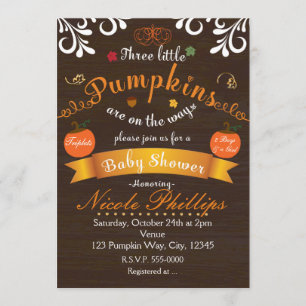 Triplets 3 PUMPKINS Autumn BABY SHOWER Invitation