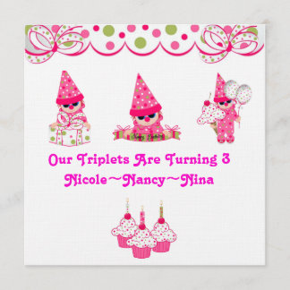 Triplets are Turning Three Birthday Invites