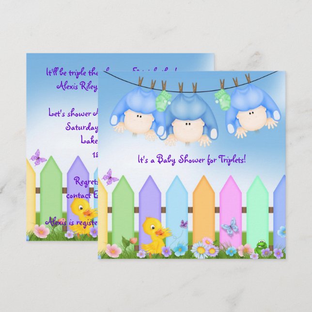 Triplets Baby Boy Shower Invitation (Front/Back)