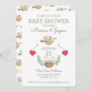 Triplets Baby Shower Bird and Nest Invitation