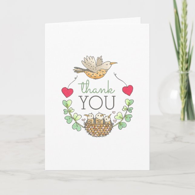 Triplets Baby Shower Bird Thank You Card (Front)