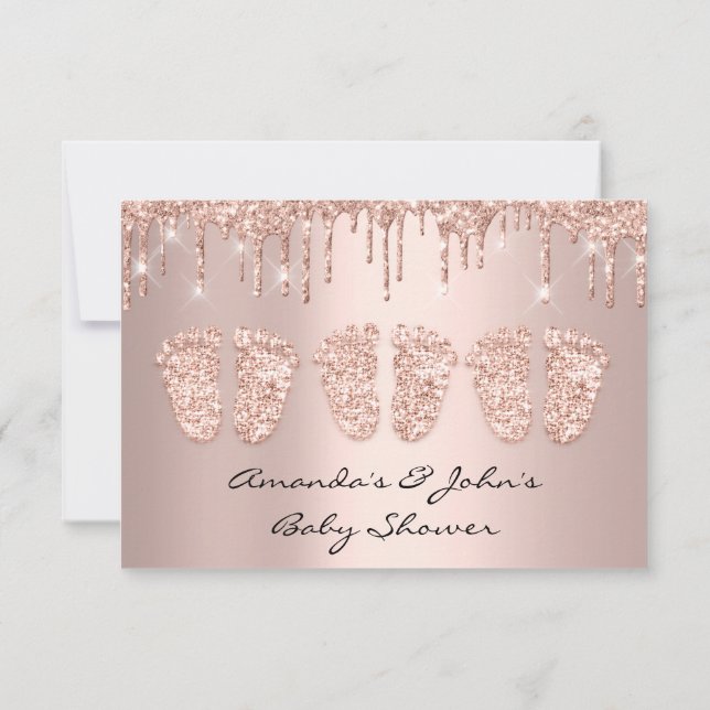 Triplets Baby Shower Feet Rose Drips Girl Boy Invitation (Back)