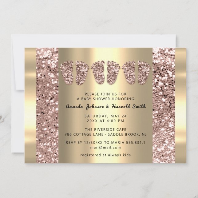 Triplets Baby Shower Feet Rose Glitter Boy Girl  Invitation (Front)