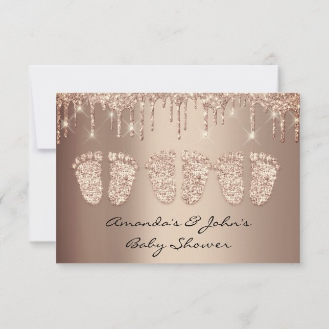 Triplets Baby Shower Foot Rose Glitter Girl Boy Invitation (Back)