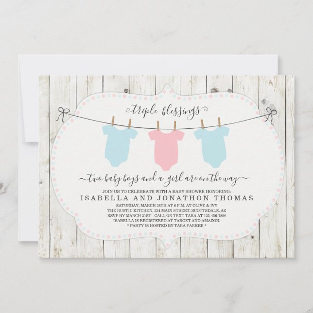Triplets Baby Shower Invitation - 2 Boys & 1 Girl (Front)