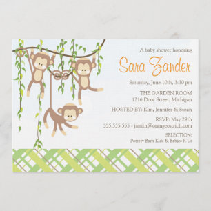 Triplets Baby Shower Invitation - Monkeys