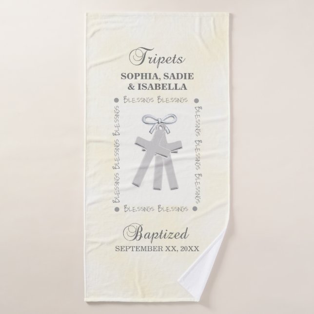 Triplets Baptism on Yellow 3 Crosses Personalised Bath Towel (Bath Towel)