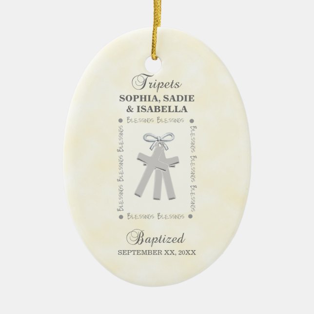 Triplets Baptism on Yellow 3 Crosses Personalised Ceramic Tree Decoration (Front)