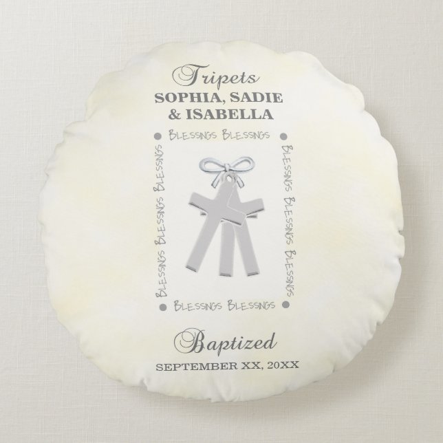 Triplets Baptism on Yellow 3 Crosses Personalised Round Cushion (Front)