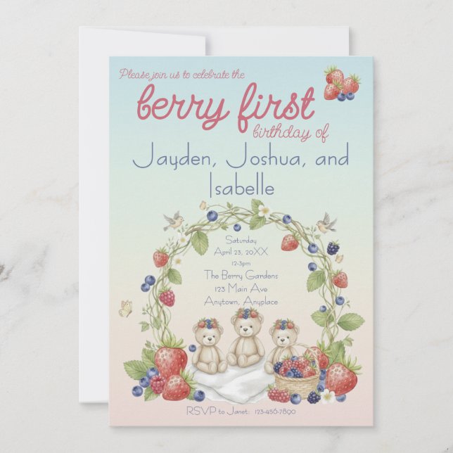 Triplets Berry First Birthday Party Invitation (Front)