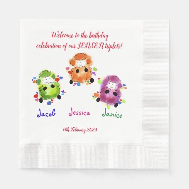 Triplets birthday celebration napkin (Front)