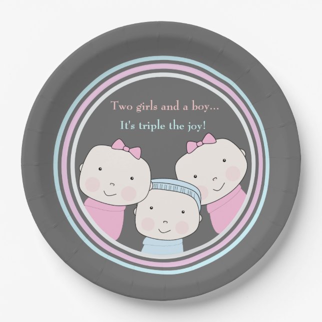 Triplets Girl Boy Pink Blue Baby Joy Trio Paper Plate (Front)