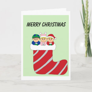 triplets in stocking coloured holiday card