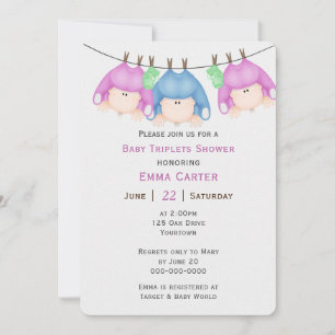 Triplets On Clothesline Baby Shower Invitation