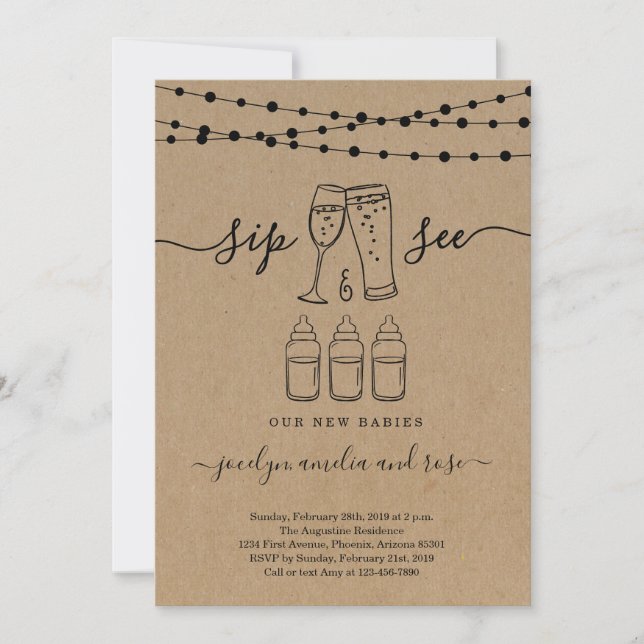 Triplets Sip & See Bubbles & Brews Invitation (Front)