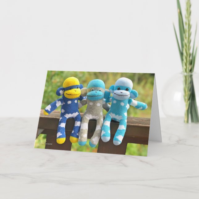 Triplets Sock Monkey Greetingcard Card (Front)