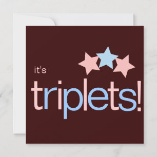 Triplets Stars Pink Blue Brown Baby Shower Invitation