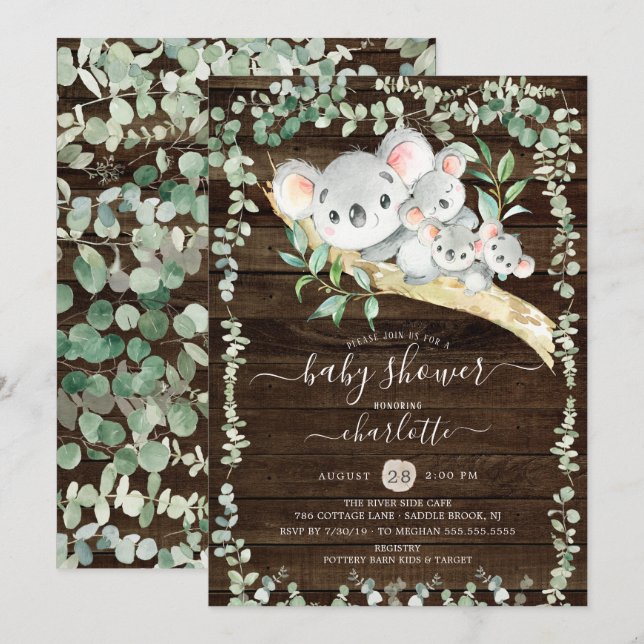 Triplets Sweet Koala Bears Baby Shower Invitation (Front/Back)