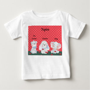 Triplets Tee Shirt for Boy in Red with Animals