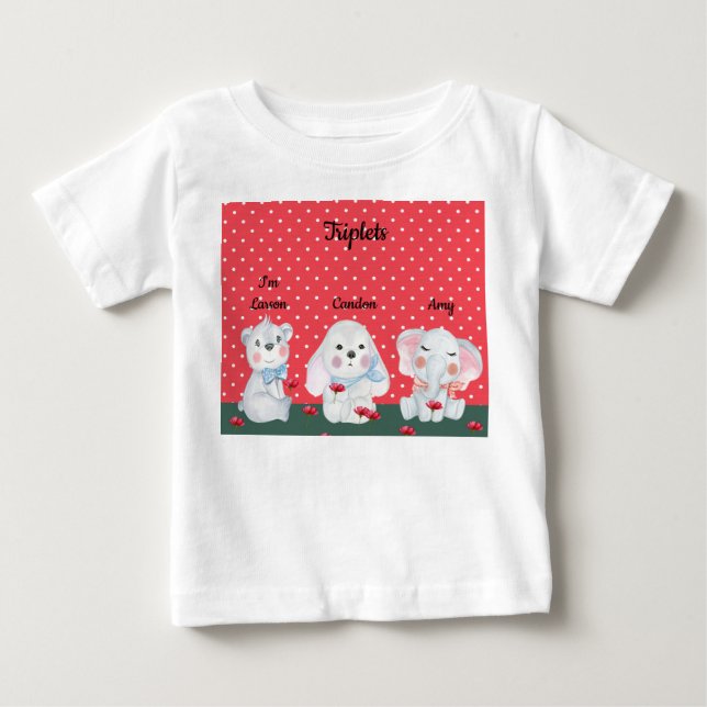 Triplets Tee Shirt for Boy in Red with Animals (Front)
