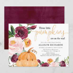 Triplets three little pumpkins fall baby shower invitation