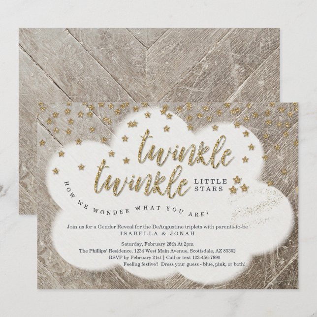 Triplets Twinkle Twinkle Little Star Gender Reveal Invitation (Front/Back)