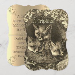 Triplets vintage baby fox baby shower invitation