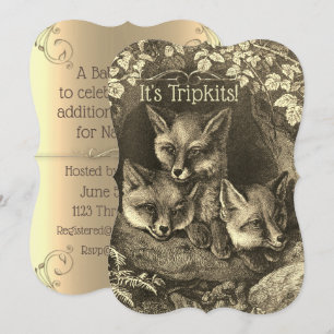 Triplets vintage baby fox baby shower invitation