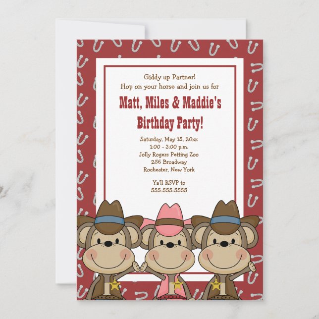TRIPLETS Western Cowboy Monkeys 5x7 Birthday Invitation (Front)