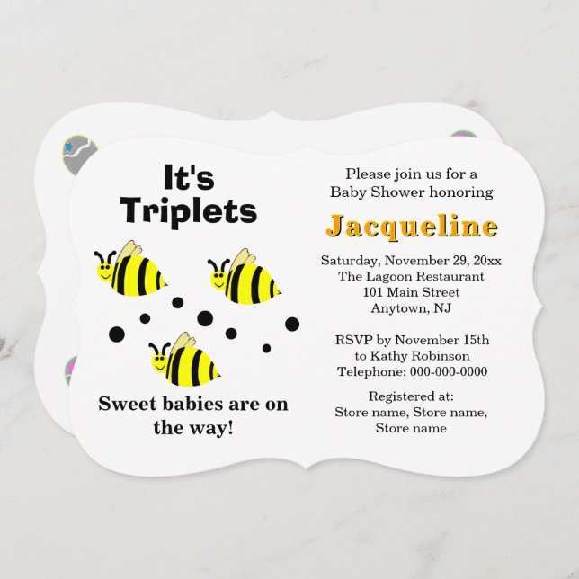 Triplets Yellow Bee Baby Rattles Baby Shower  Invitation (Front/Back)