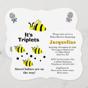 Triplets Yellow Bee Baby Rattles Baby Shower  Invitation