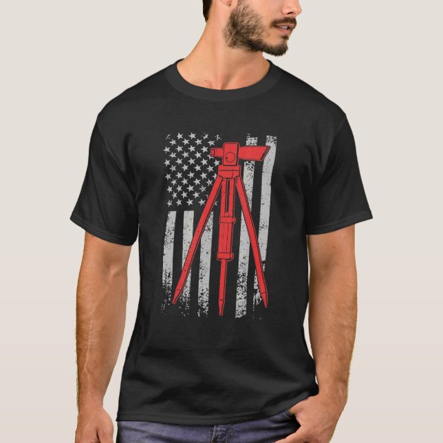 Tripod Survey Flag America 4th July Land Surveyor T-Shirt (Front)
