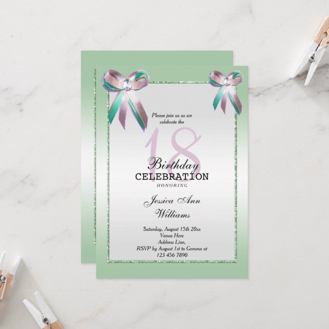Tripple Gem Bow & Glitter 18th Birthday  Invitation (Front/Back In Situ)