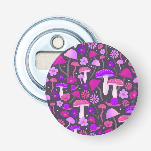Trippy 1970s Mushrooms Pink, Purple & Black Bottle Opener (Front)