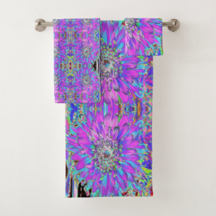 Trippy Abstract Aqua, Lime Green and Purple Dahlia Bath Towel Set