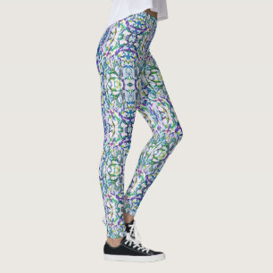 Trippy Abstract in Purple, Green on White Leggings
