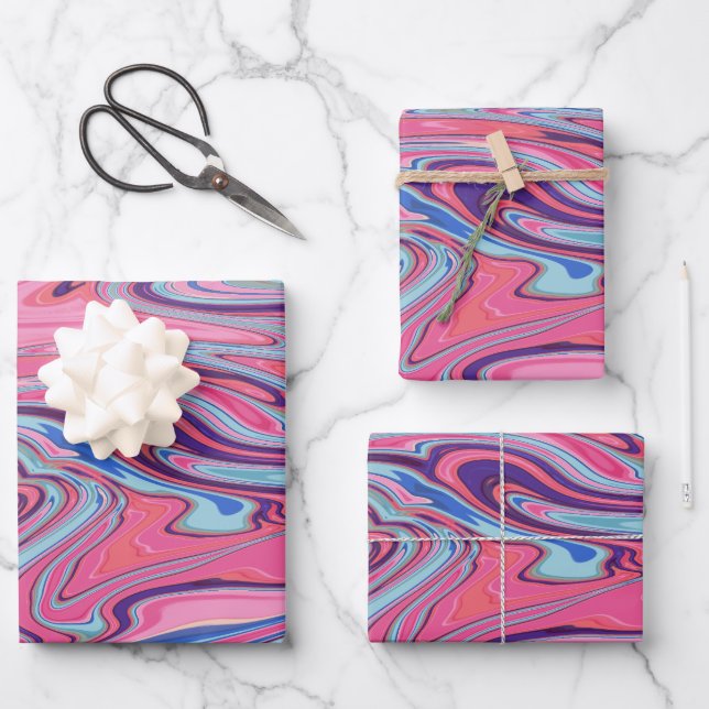 Trippy Abstract Marbled Art in Blue and Pink  Wrapping Paper Sheet (Front)