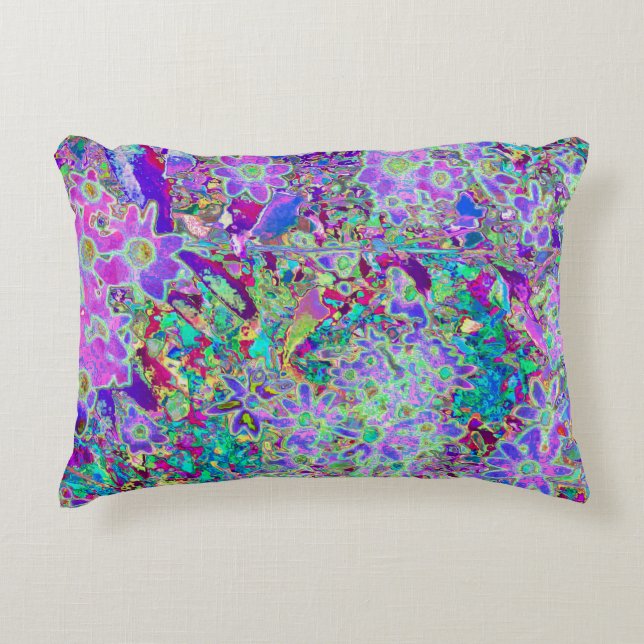 Trippy Abstract Pink and Purple Flowers Decorative Cushion (Front)