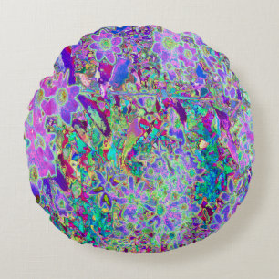 Trippy Abstract Pink and Purple Flowers Round Cushion